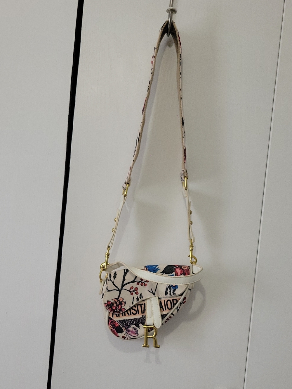 Designer-Inspired Floral White Canvas Saddle Bag with Gold Hardware